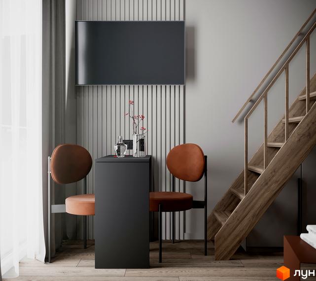 Інтер'єр кімнати з телевізором, столом, стільцями та сходами у Житловому комплексі SOLOWAY. Дизайн кімнати з меблями.