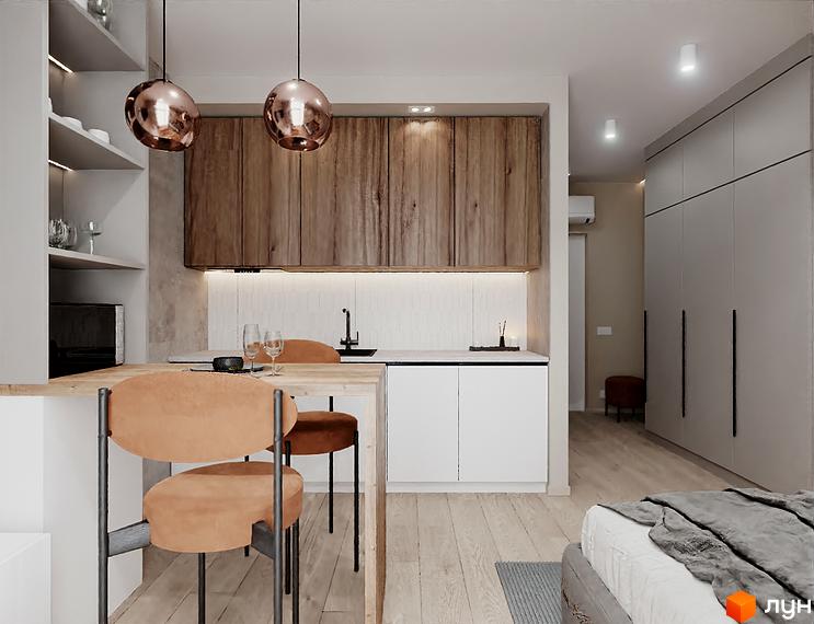 Інтер'єр кухні-студії в Житловому комплексі SOLOWAY з обідньою зоною та кухонним гарнітуром. Вигляд з боку спальні.