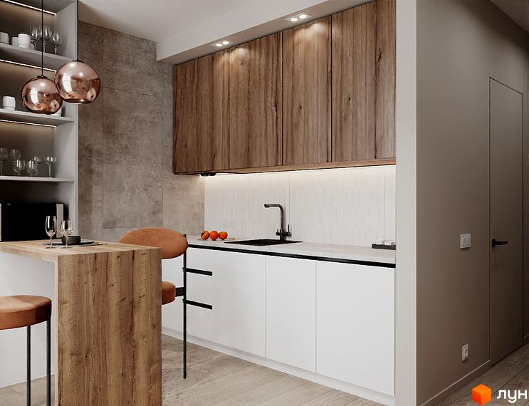Інтер'єр кухні в Житловому комплексі SOLOWAY з дерев'яними шафами та білою стільницею. Зручне планування для комфортного приготування їжі.