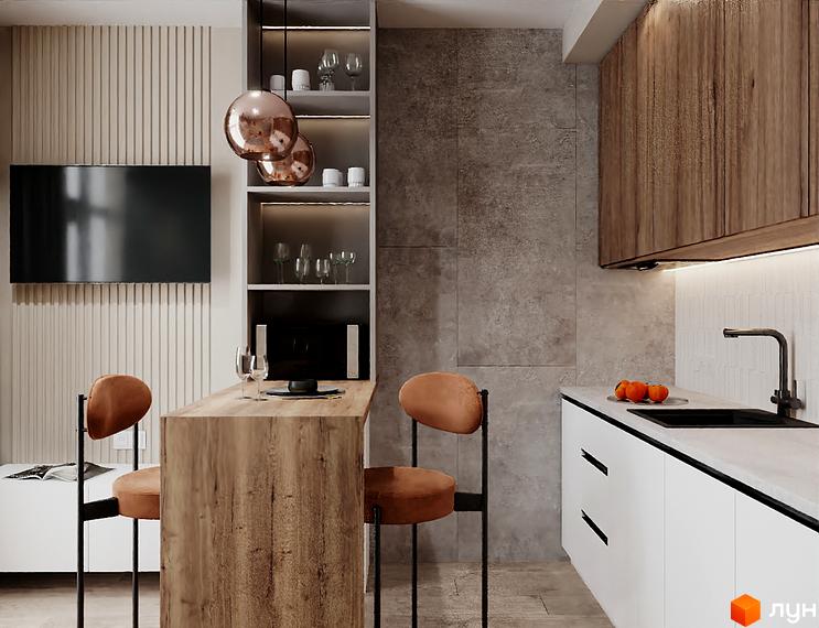 Інтер'єр кухні з барною стійкою в Житловому комплексі SOLOWAY. Кухня з дерев'яними шафами та білими фасадами.