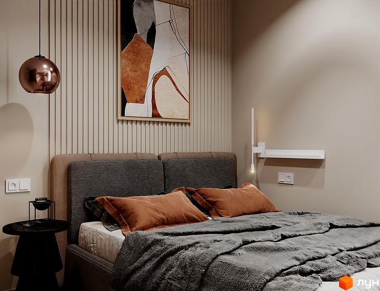 Інтер'єр спальні в Житловому комплексі SOLOWAY з великим ліжком, тумбочкою та картиною на стіні. Затишна кімната для комфортного відпочинку.
