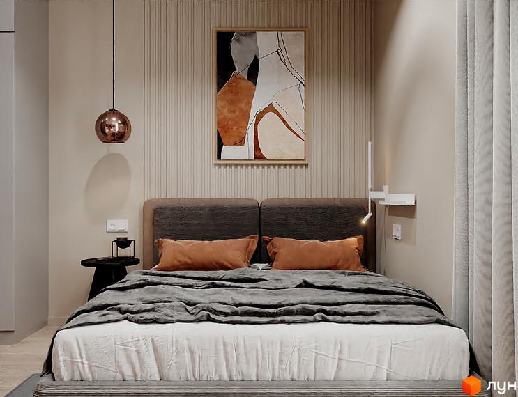 Інтер'єр спальні в Житловому комплексі SOLOWAY з великим ліжком, картиною на стіні та приліжковою тумбочкою.