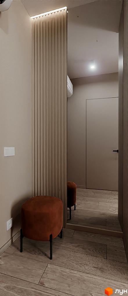 Інтер'єр прихожої з дзеркалом та пуфом у ЖК SOLOWAY. Сучасний дизайн та функціональне планування.