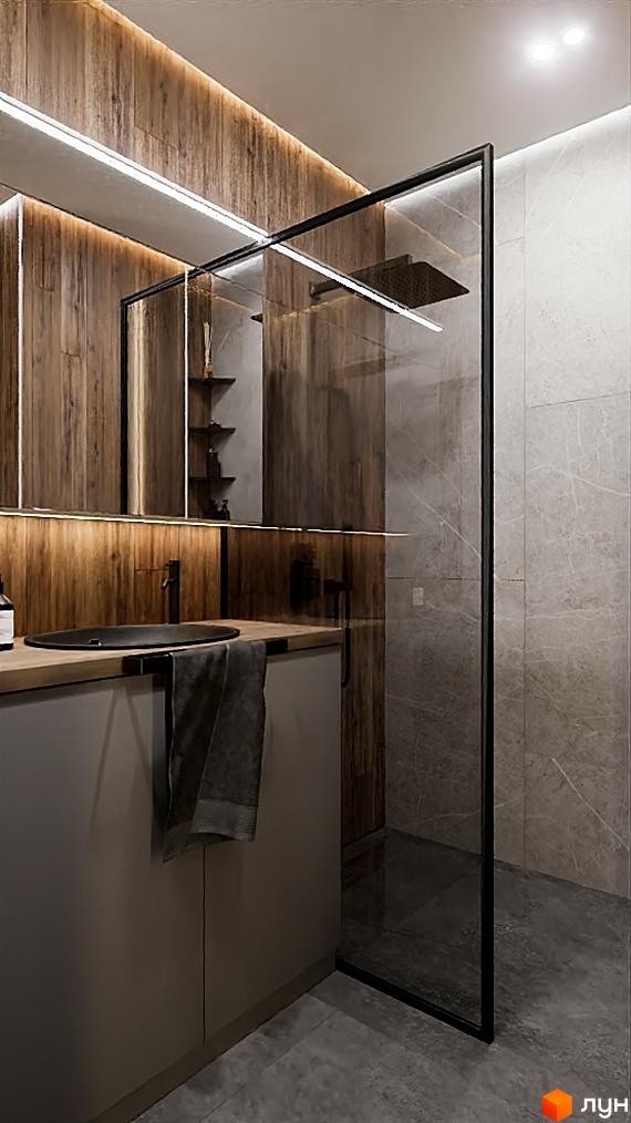 Інтер'єр ванної кімнати в Житловому районі SOLOWAY з душовою кабіною та тумбою з умивальником. Оздоблення стін виконано з плитки під дерево.
