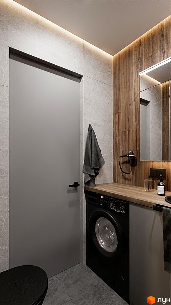 Дизайн ванної кімнати з пральною машиною та сірими стінами в ЖК SOLOWAY. Сучасний інтер'єр з дерев'яними елементами та підсвіткою.