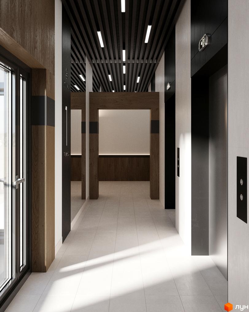 Сучасний коридор ЖК Lystopad з елементами дерева та металу, підсвіченою стелею та дверима ліфта. Простір оформлений у мінімалістичному стилі.