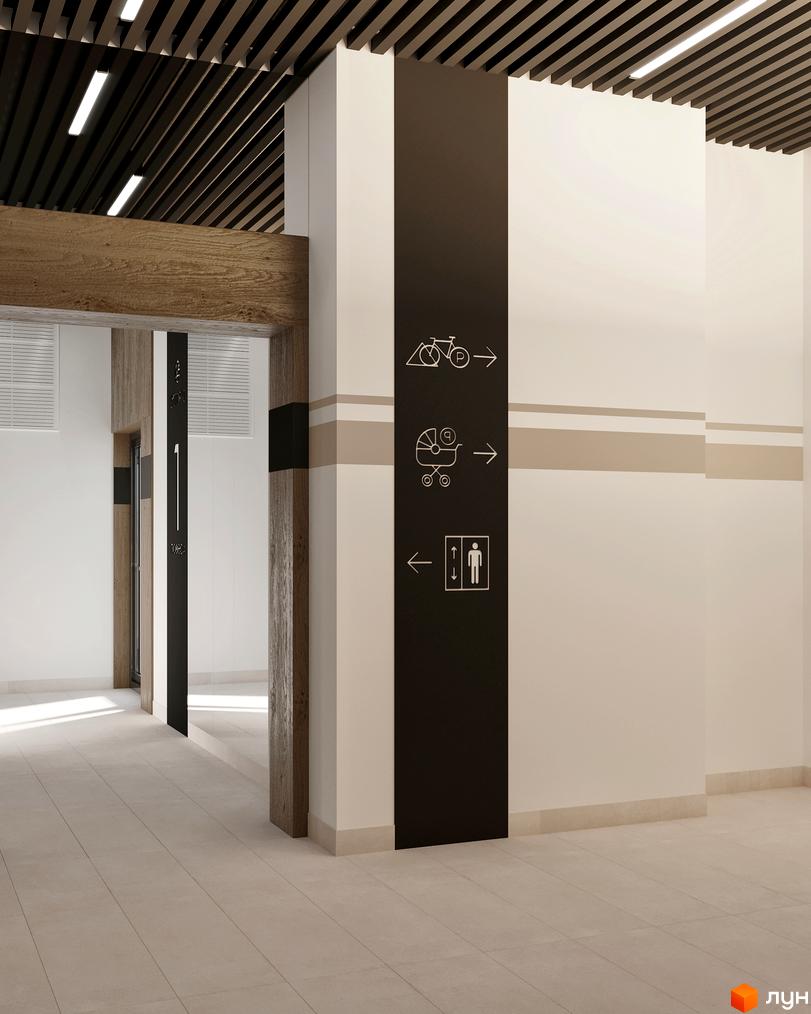 Житловий комплекс Lystopad. Сучасний дизайн інтер'єру з навігаційними вказівниками для велосипедів, дитячих візочків та ліфтів.
