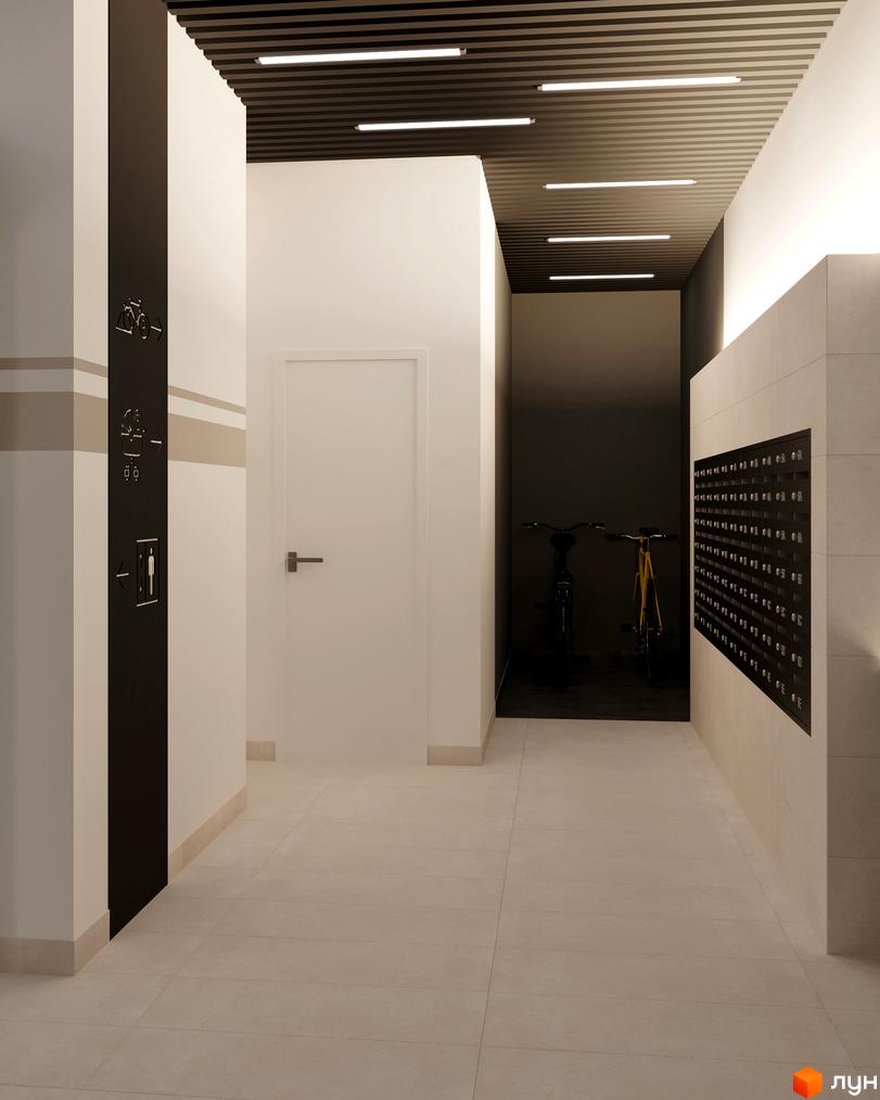 Сучасний коридор житлового комплексу Lystopad із поштовими скриньками та велосипедами. Дизайн інтер'єру новобудови.