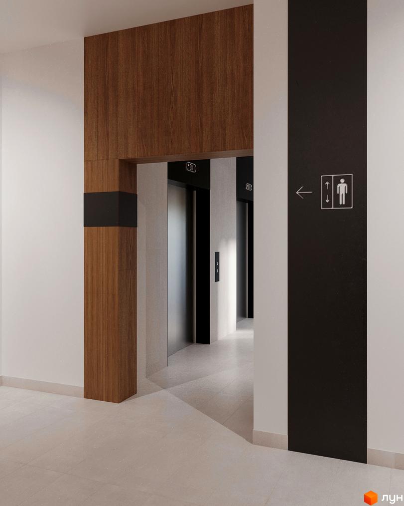 Сучасний вхід до ліфтів у ЖК Lystopad. Відкритий простір з дерев'яними елементами та чіткими лініями.