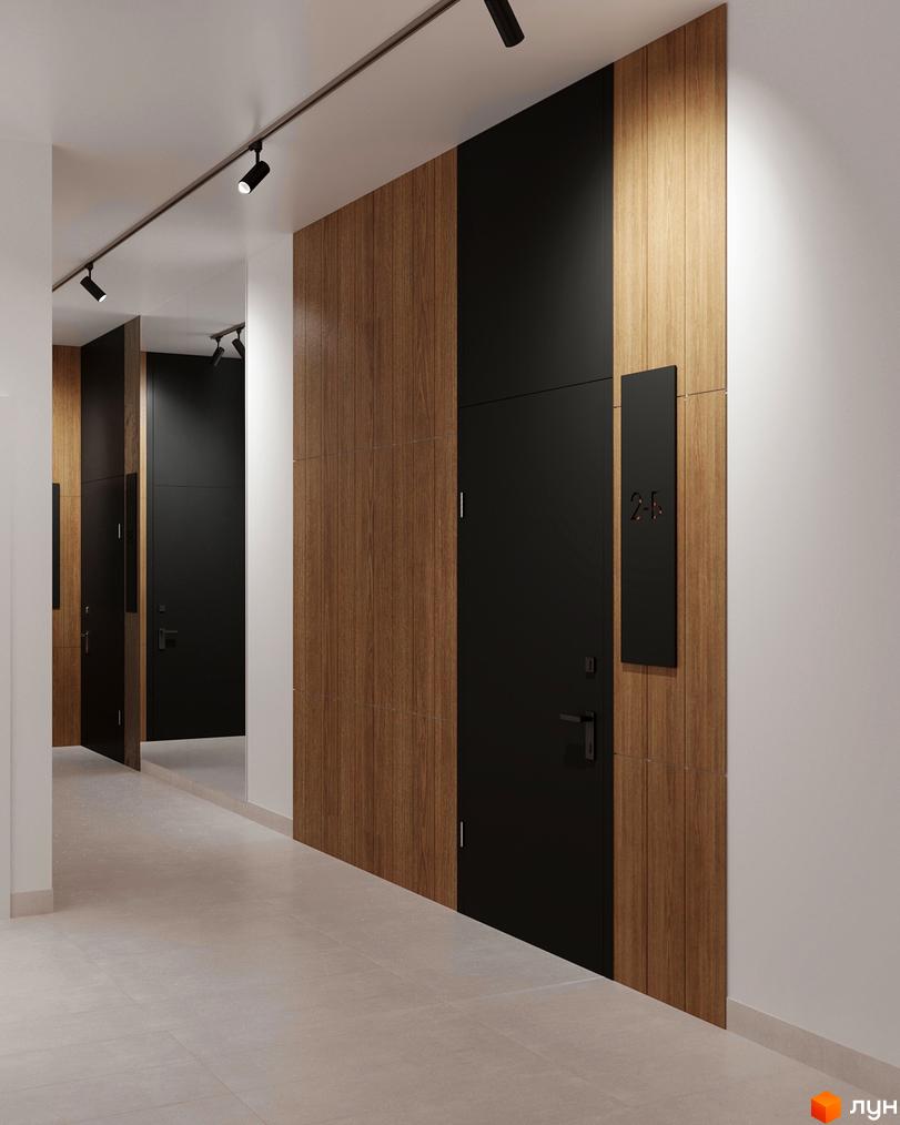 Сучасний коридор з дерев'яними панелями та чорними дверима у ЖК Lystopad. Стильне освітлення та мінімалістичний дизайн створюють затишну атмосферу.