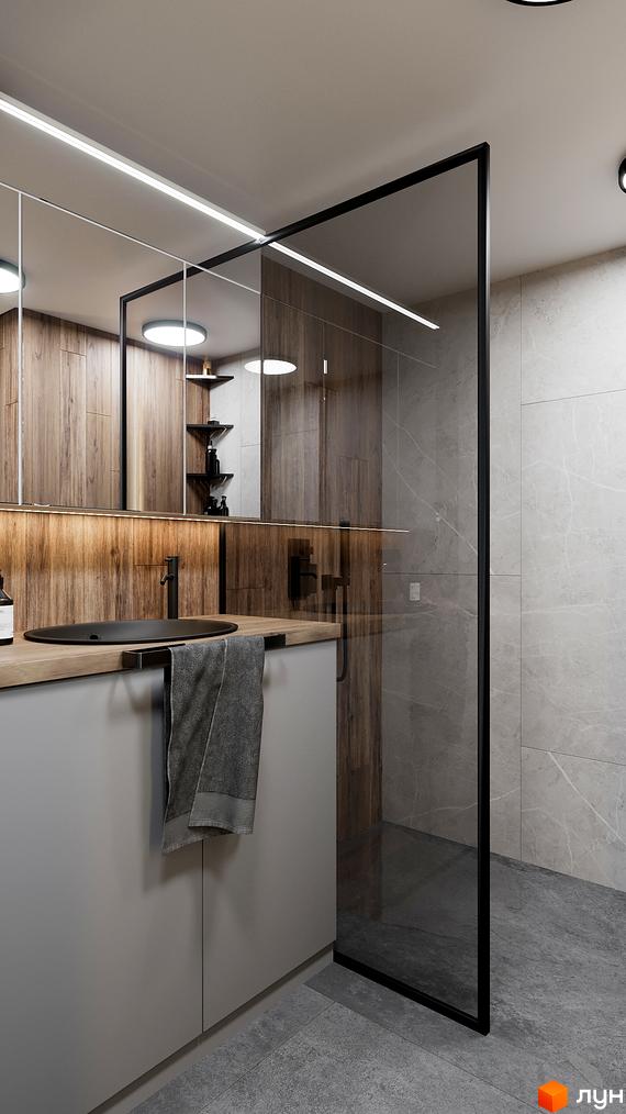 Сучасний дизайн ванної кімнати в ЖК SOLOWAY з дерев'яними панелями та скляною душовою кабіною. Сіра плитка на стінах та підлозі створює елегантний вигляд.