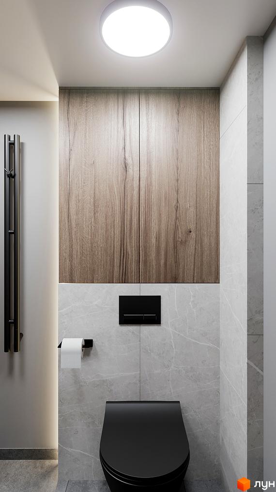 Інтер'єр ванної кімнати житлового комплексу SOLOWAY з чорним унітазом, сірою плиткою та дерев'яними шафами.