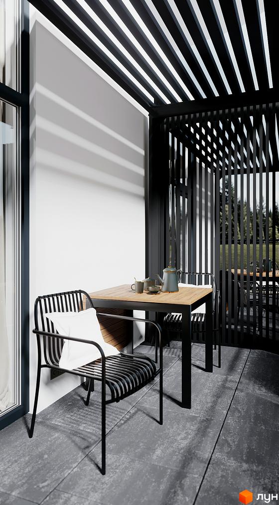 Зображення тераси з меблями в Будівельному проєкті SOLOWAY. На задньому фоні видно зелені насадження та інші будівлі.