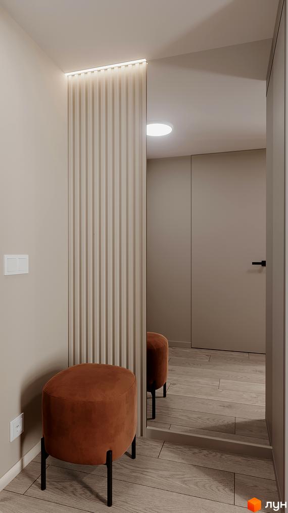 Інтер'єр передпокою у новобудові ЖК SOLOWAY з коричневими пуфами та дзеркальною стіною.