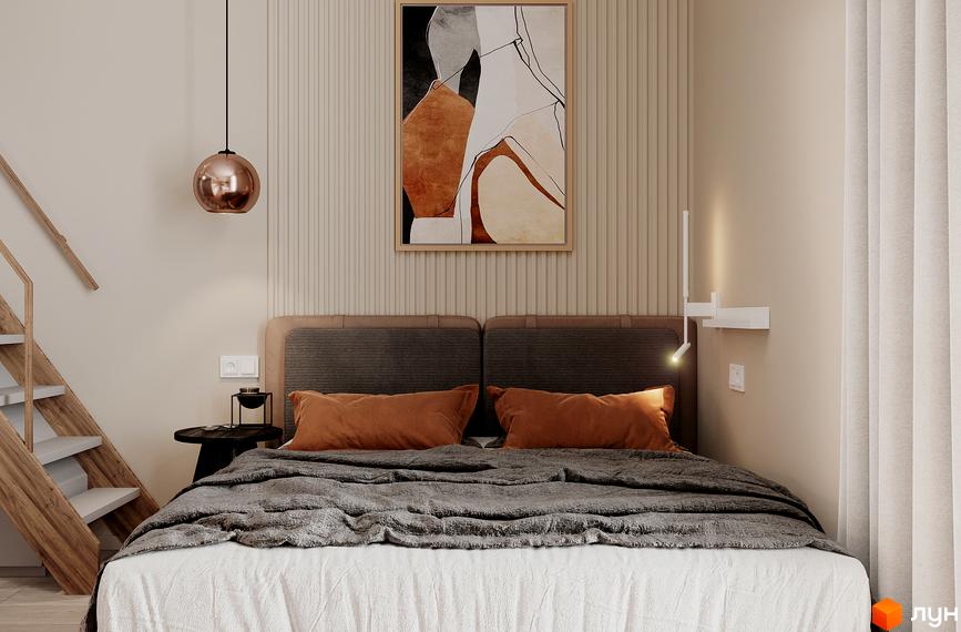 Інтер'єр спальні у Житловому комплексі SOLOWAY з великим ліжком, картиною та світильниками. Поруч сходи на другий поверх.