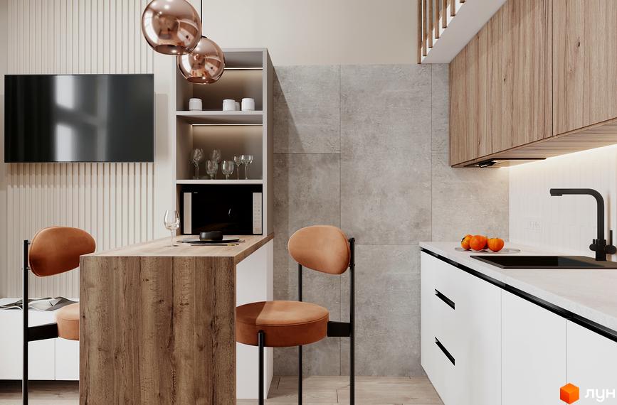 Інтер'єр кухні в Житловому комплексі SOLOWAY з дерев'яною барною стійкою та стільцями. На задньому плані кухонний гарнітур.