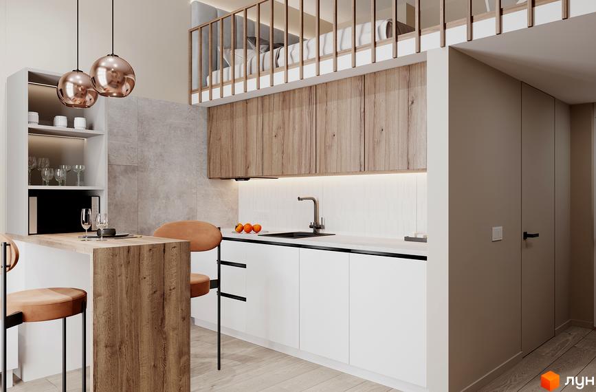 Інтер'єр кухні з барною стійкою та двома стільцями в ЖК SOLOWAY. Сучасний дизайн з дерев'яними елементами та м'якими меблями.