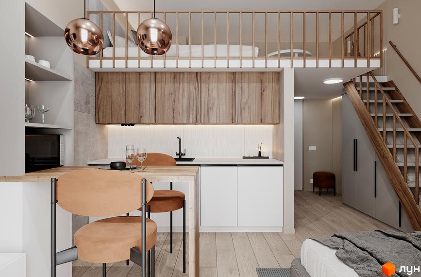 Інтер'єр студії з лофтом та кухнею в ЖК SOLOWAY. Стильні меблі та оздоблення створюють затишну атмосферу.