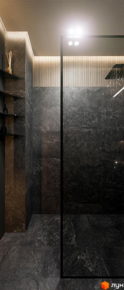 Інтер'єр ванної кімнати в Житловому комплексі SOLOWAY з душовою кабіною та поличками. Оздоблення стін та підлоги виконано з темного каменю.