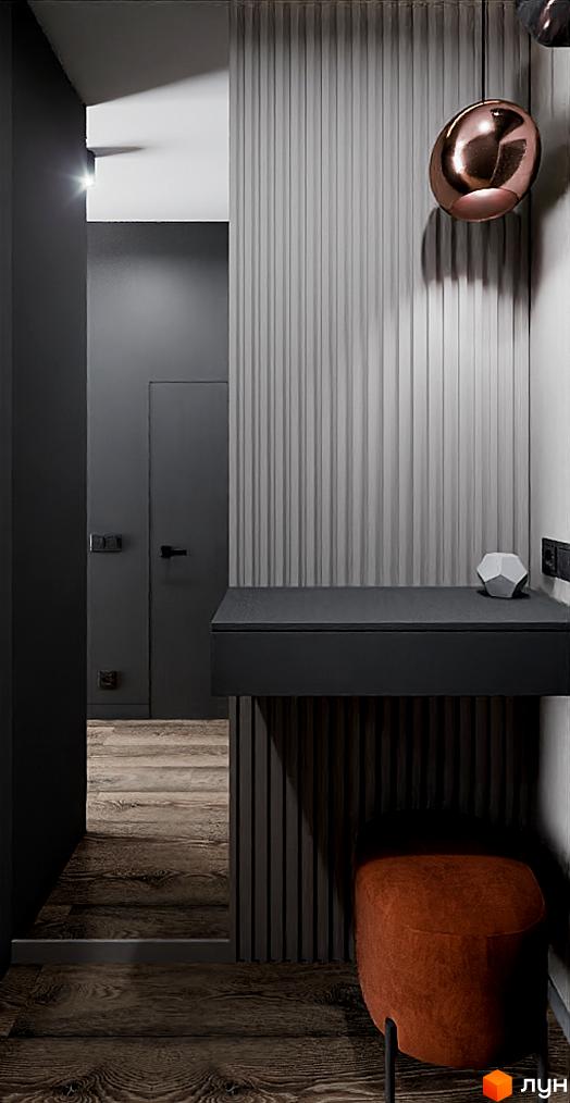 Інтер'єр вхідної зони з тумбою та дзеркалом у Житловому комплексі SOLOWAY. Дизайн з використанням дерев'яних панелей та м'якого пуфика.