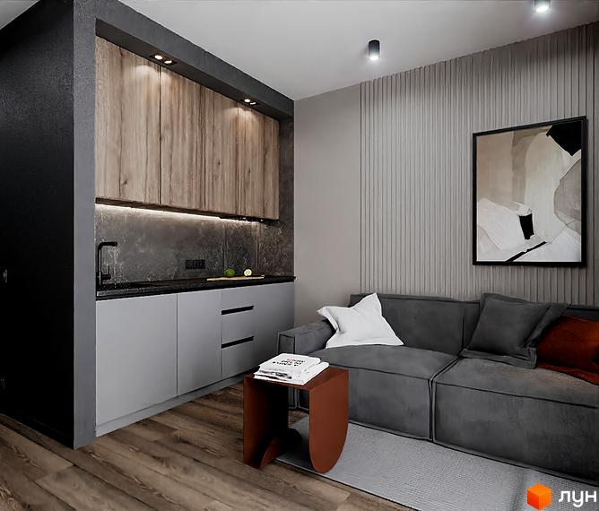 Інтер'єр квартири в новобудові ЖК SOLOWAY з сірим диваном, кухонним гарнітуром та картиною на стіні.