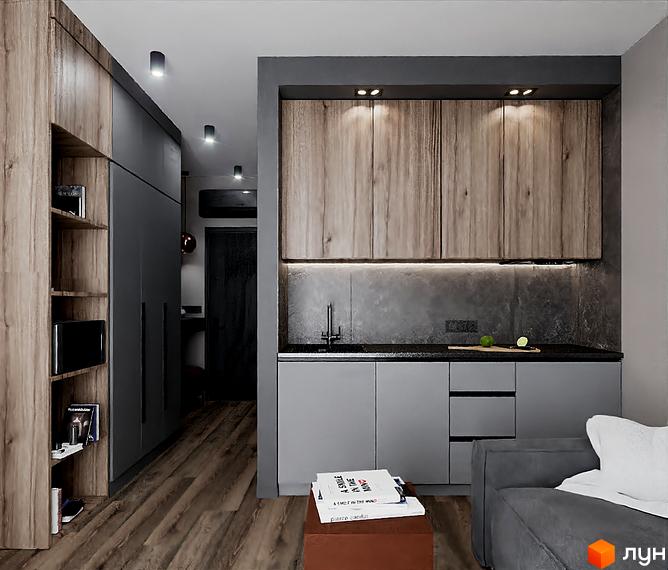 Інтер'єр кухні в Житловому комплексі SOLOWAY: кухонні меблі з дерев'яними фасадами, сірі шафи та диван. Затишний дизайн квартири.