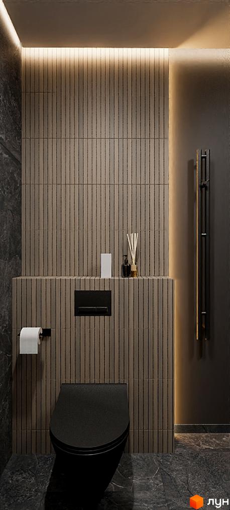 Сучасний дизайн ванної кімнати в ЖК SOLOWAY з чорним унітазом та дерев'яною обробкою стін.