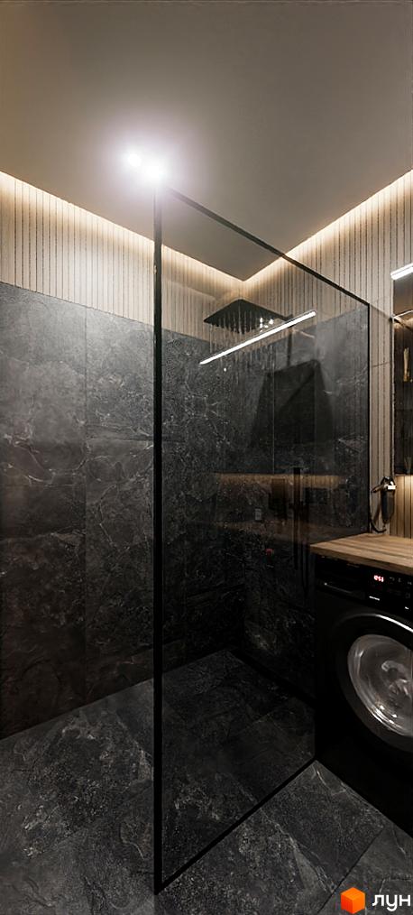 Інтер'єр ванної кімнати у Житловому комплексі SOLOWAY з душовою кабіною та пральною машиною. Оздоблення стін та підлоги у темних тонах.