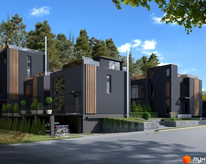 Котеджне містечко КМ Après-Ski Houses з темними фасадами та дерев'яними елементами, розташоване серед дерев. Прибудинкова територія з доглянутими рослинами та парковкою.