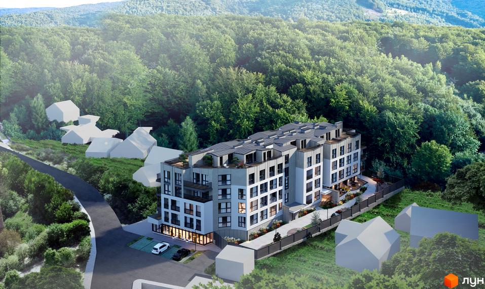 Клубний будинок Forest Etalon Club розташований серед зелених пагорбів біля лісу. Будинок має багатоповерхову структуру з сучасними фасадами та балконами.