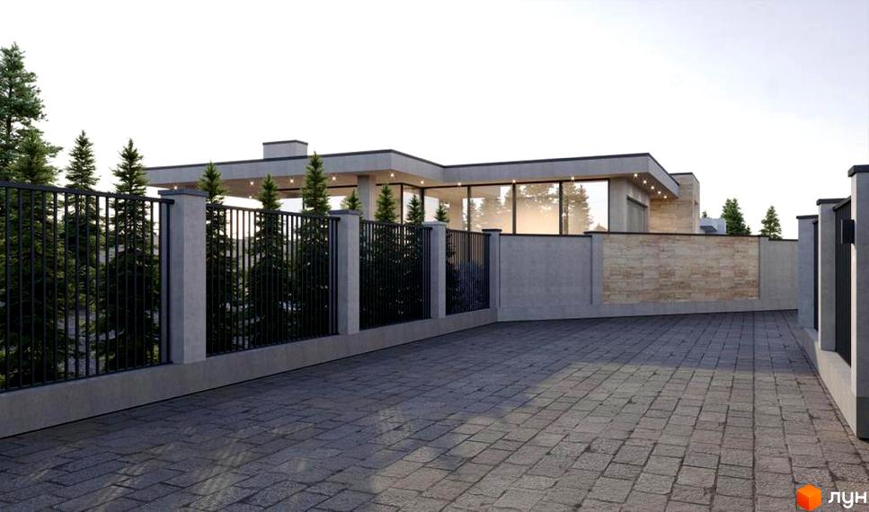 Зображення будинку в Котеджному містечку Riviera City Park з великими вікнами та огорожею. На території ростуть дерева.