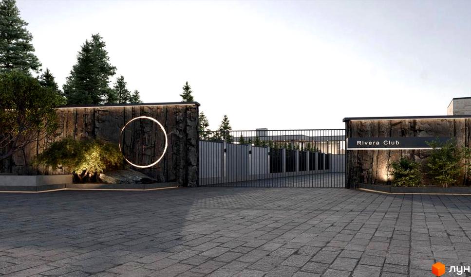 Котеджне містечко Riviera City Park із сучасним дизайном в'їзду та ландшафтним освітленням. Огороджена територія з воротами та вивіскою Riviera Club.