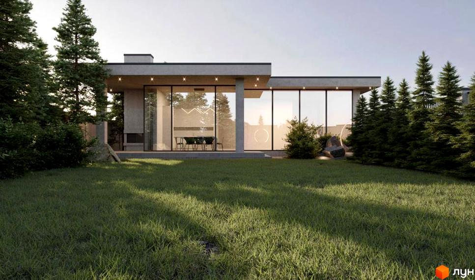 Вигляд будинку в Котеджному містечку Riviera City Park з великими вікнами та зеленим газоном. Навколо будинку ростуть хвойні дерева.