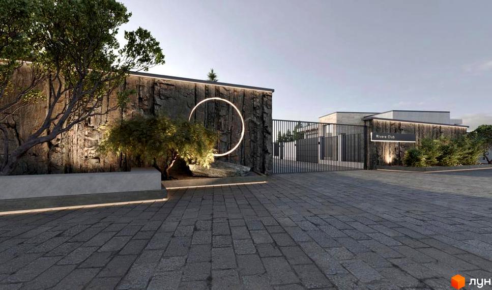 Вхідна група Котеджного містечка Riviera City Park з декоративним освітленням та ландшафтним дизайном. Бруківка на території.