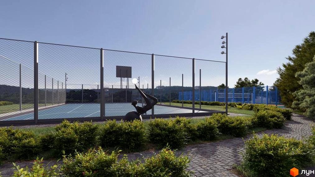 Комплекс КМ Riviera City Park з баскетбольним майданчиком та зеленими зонами. Територія комплексу огороджена парканом, є скульптура на спортивну тематику.