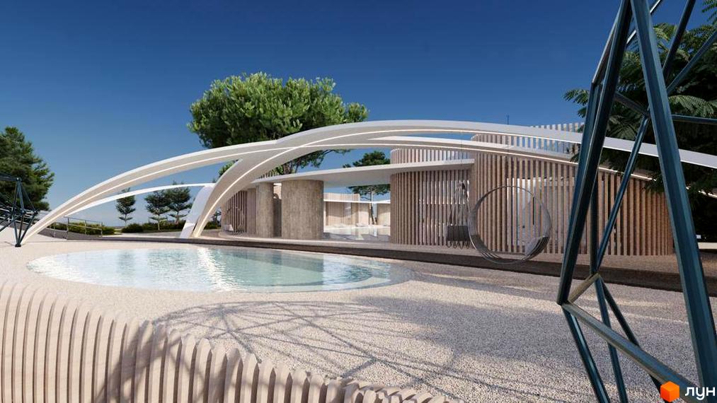 Зображення території Котеджного містечка Riviera City Park з басейном та будівлями з дерев'яними елементами.