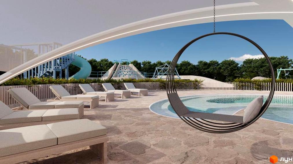 Зображення території Котеджного містечка Riviera City Park з басейном, лежаками та дитячим майданчиком. Вигляд з місця відпочинку біля басейну.