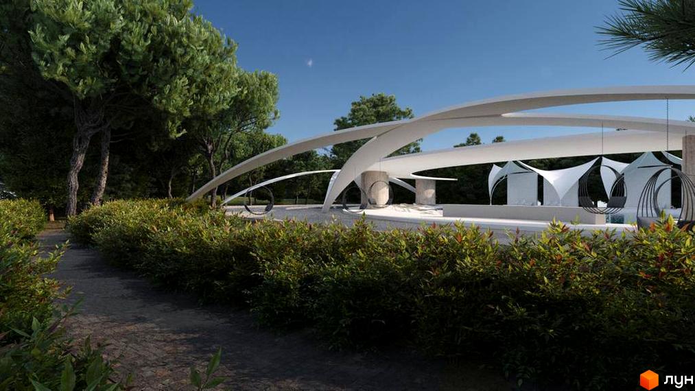 Зображення території Котеджного містечка Riviera City Park з лаунж зоною та підвісними кріслами. Навколо багато зелені та доглянуті кущі.