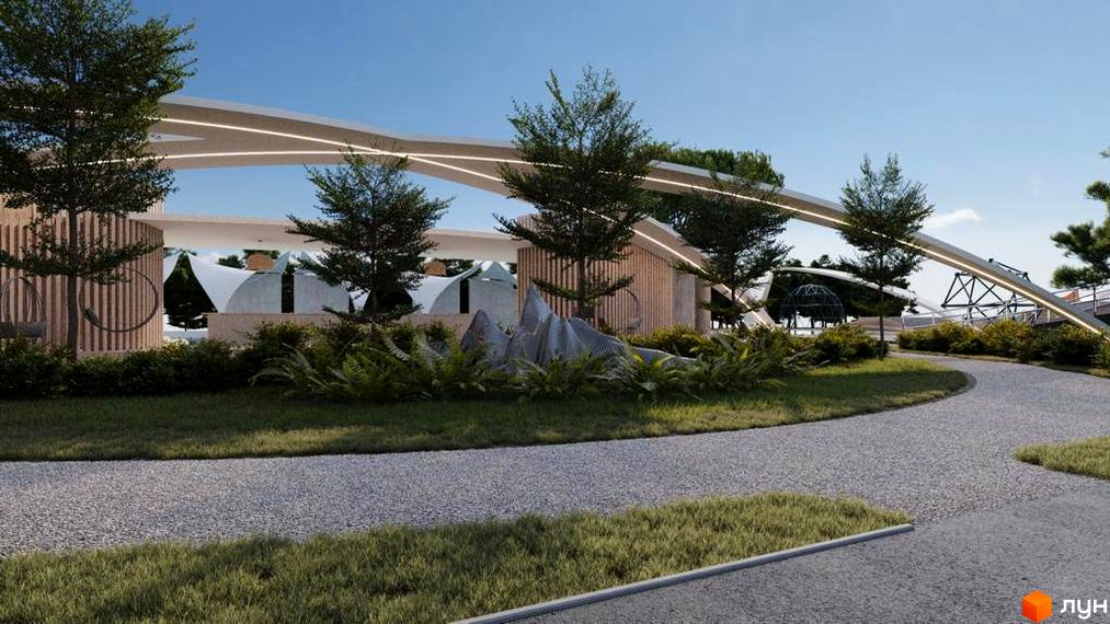 Зображення території Котеджного містечка Riviera City Park з ландшафтним дизайном та пішохідними доріжками.