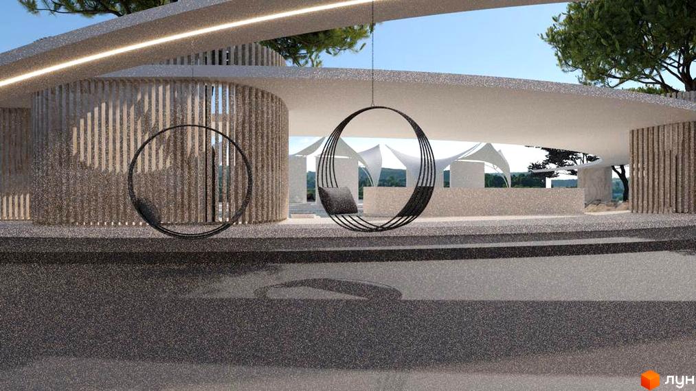 Зображення Котеджного містечка Riviera City Park з круглими підвісними кріслами та зонами відпочинку на прибудинковій території.