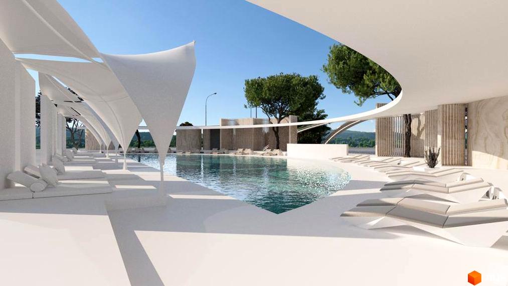 Котеджне містечко Riviera City Park з басейном та шезлонгами під білими навісами. Відпочинок біля води на території комплексу.