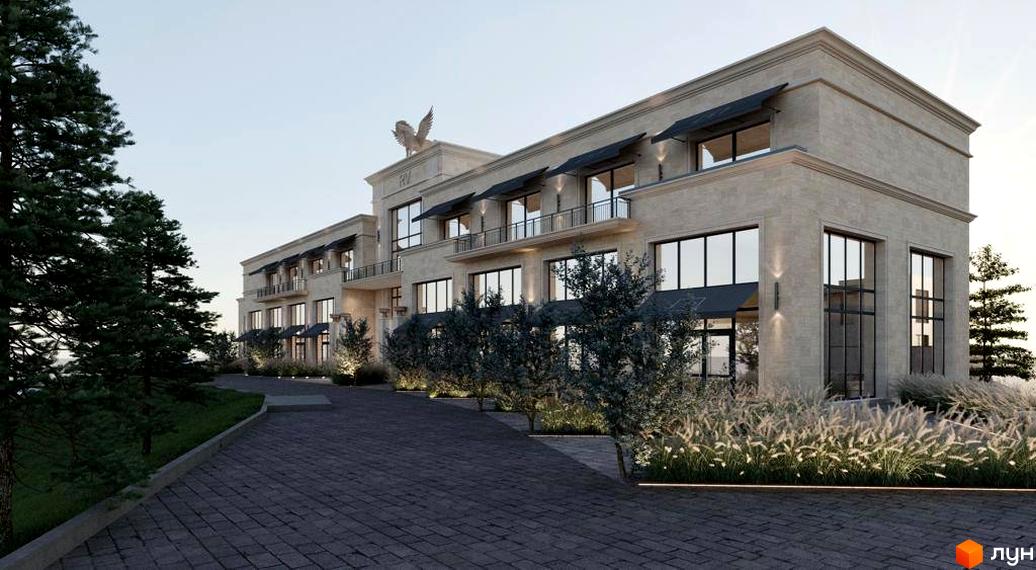 Зовнішній вигляд будівлі житлового комплексу КМ Riviera City Park з кам'яним фасадом та великими вікнами. Прибудинкова територія з доглянутими деревами та освітленням.