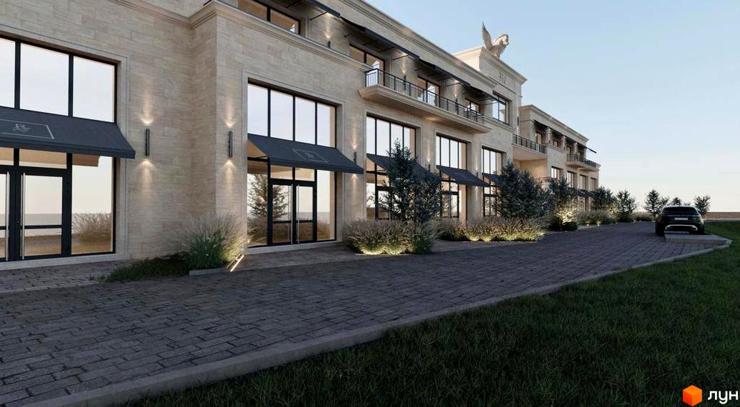 Вигляд фасаду будинку Котеджного містечка Riviera City Park з великими вікнами та прибудинковою територією.