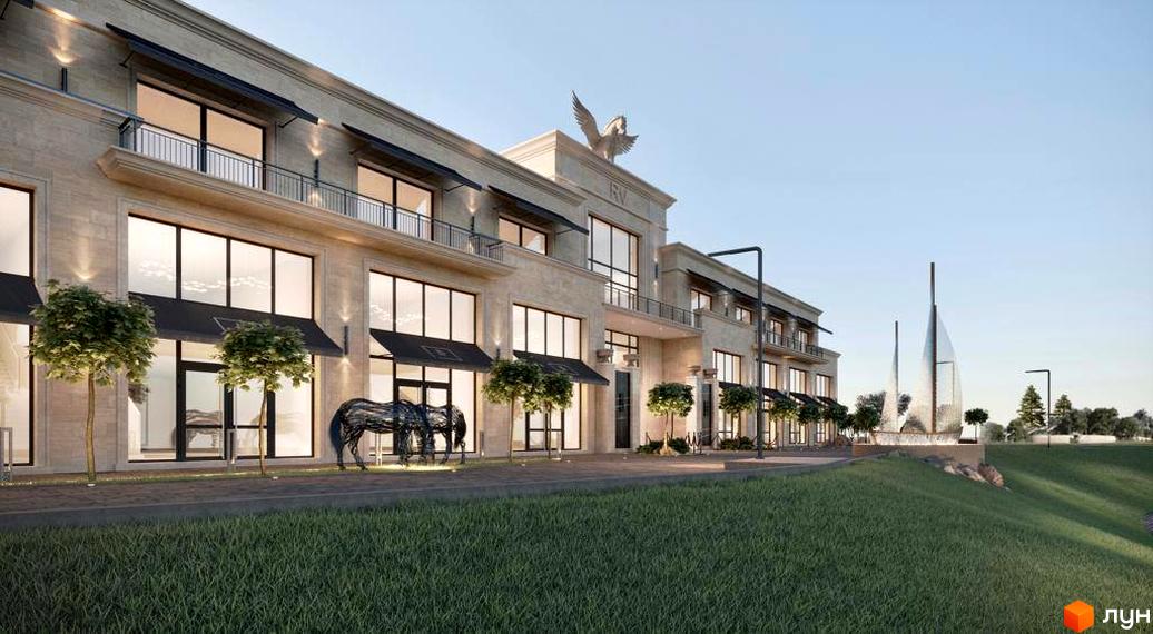 Комплекс Riviera City Park з фасадом зі світлого каменю та великими вікнами. Поруч розташовані зелені насадження, скульптури коней та арт-об'єкти у вигляді вітрильників.