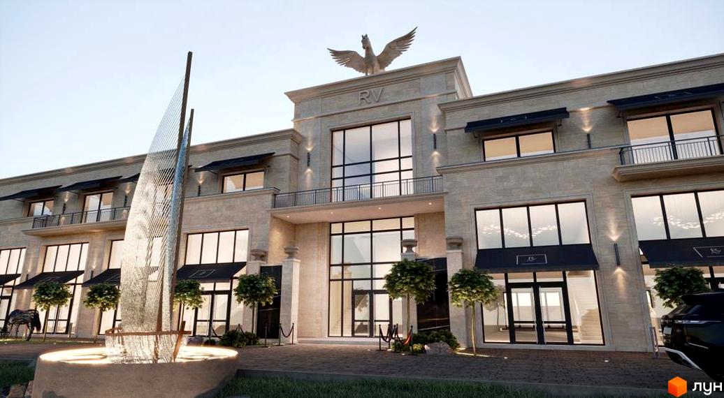 Фасад житлового комплексу Riviera City Park з великими вікнами та скульптурою на даху. Прибудинкова територія з фонтаном та деревами.