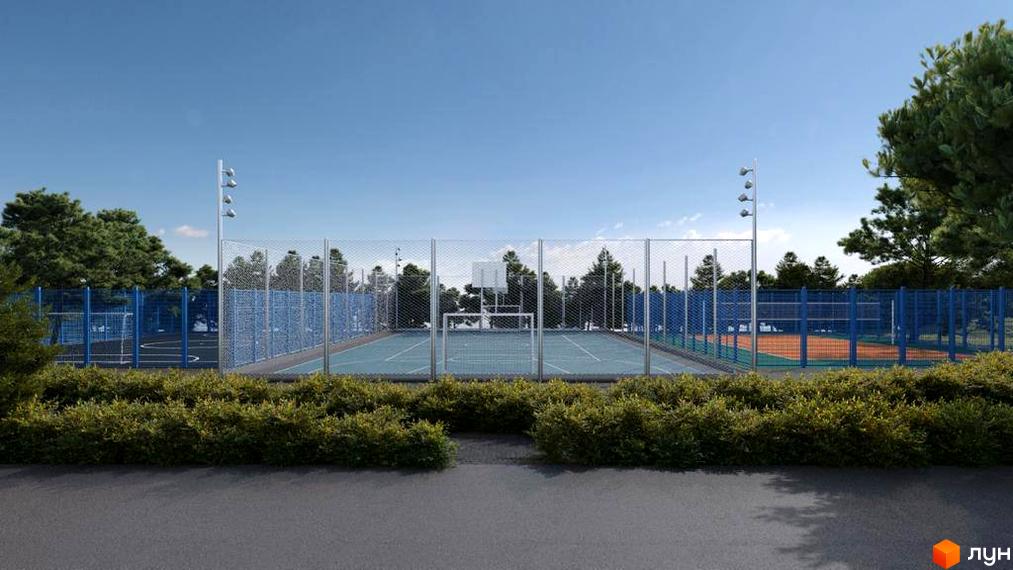 Зображення спортивного майданчика Котеджного містечка Riviera City Park з баскетбольним кошиком та огорожею. Навколо зелені насадження.