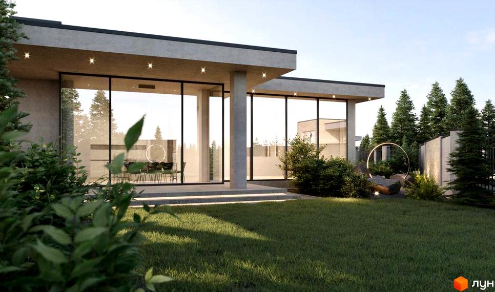 Зовнішній вигляд будинку в Котеджному містечку Riviera City Park з великими вікнами. Навколо будинку зелений газон та декоративні рослини.