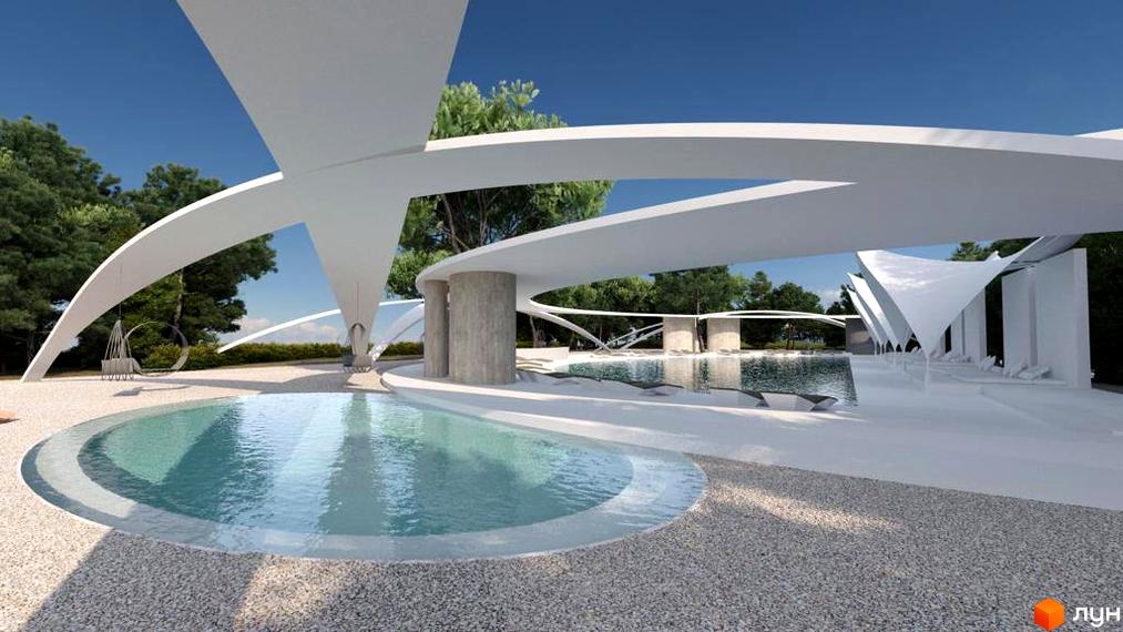 Котеджне містечко Riviera City Park з басейном та білими навісами. Навколо зелені дерева та блакитне небо.