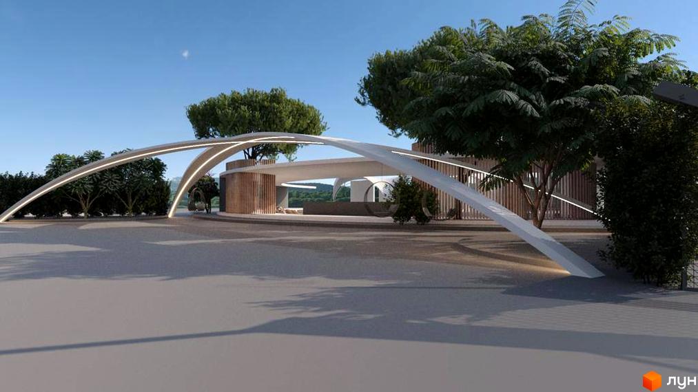 Комплекс Riviera City Park з футуристичною аркою та зеленими деревами. Територія комплексу з сучасними будівлями та доглянутим ландшафтом.