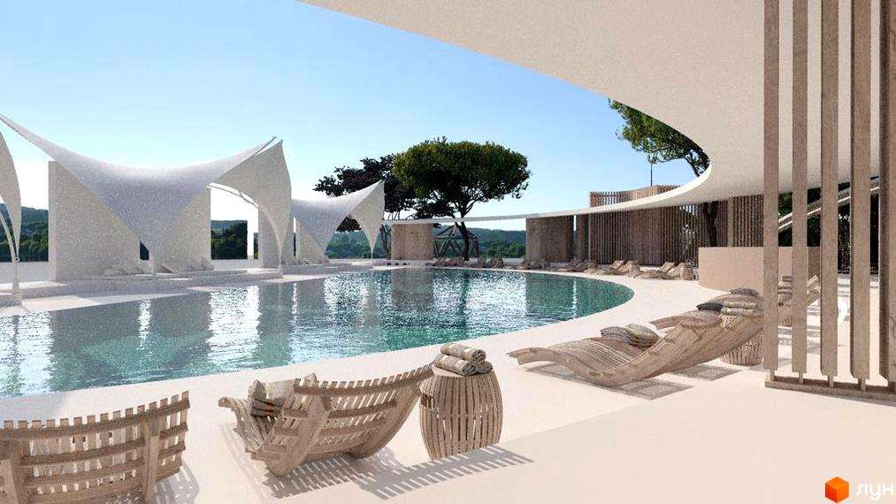 Котеджне містечко Riviera City Park з басейном та шезлонгами. На території розташовані білі навіси та зелені дерева під блакитним небом.